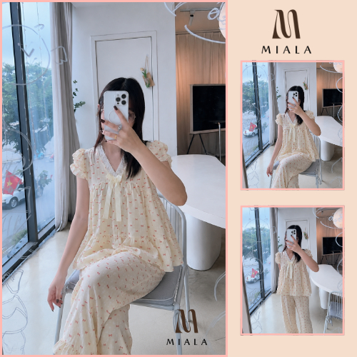 Bộ ngủ nữ pijama babydoll MIALA họa tiết nơ cổ ren nữ tính, mặc nhà thoải mái.