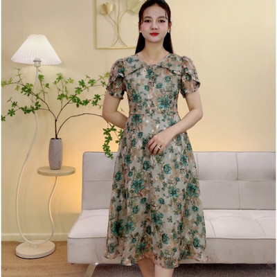 Đầm xòe trung niên cho mẹ - Cổ tròn tay búp - xanh hoa - TTV2096