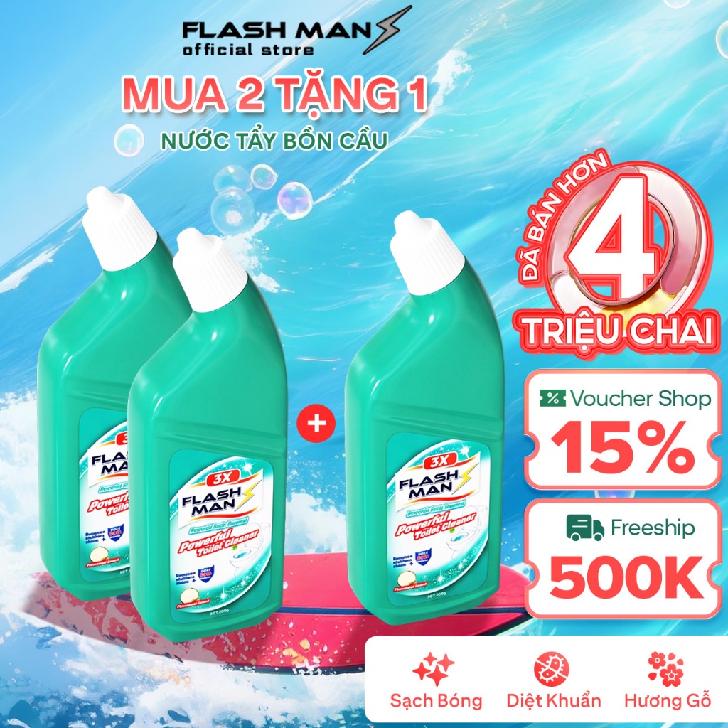 [ LIVE MUA 2 TẶNG 1] Nước Tẩy Bồn Cầu Flashman Diệt Khuẩn 99.9% 500g– Khử Mùi, Tẩy Sạch Vết Bẩn