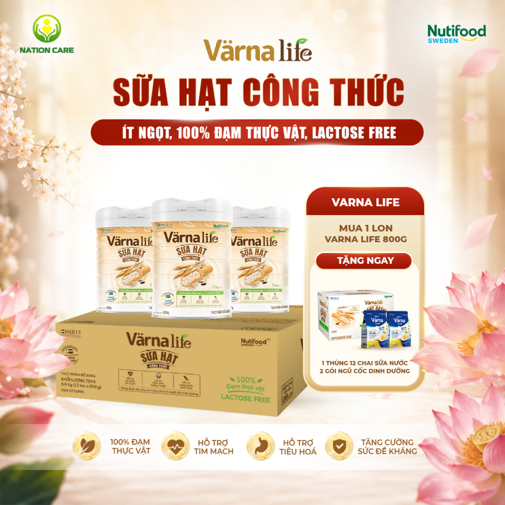 Sữa Hạt Varna Life Nutifood (Thùng 12 Lon 800G Tặng 2 Gói Ngũ Cốc + 12 Chai Sữa Nước Varna Life)