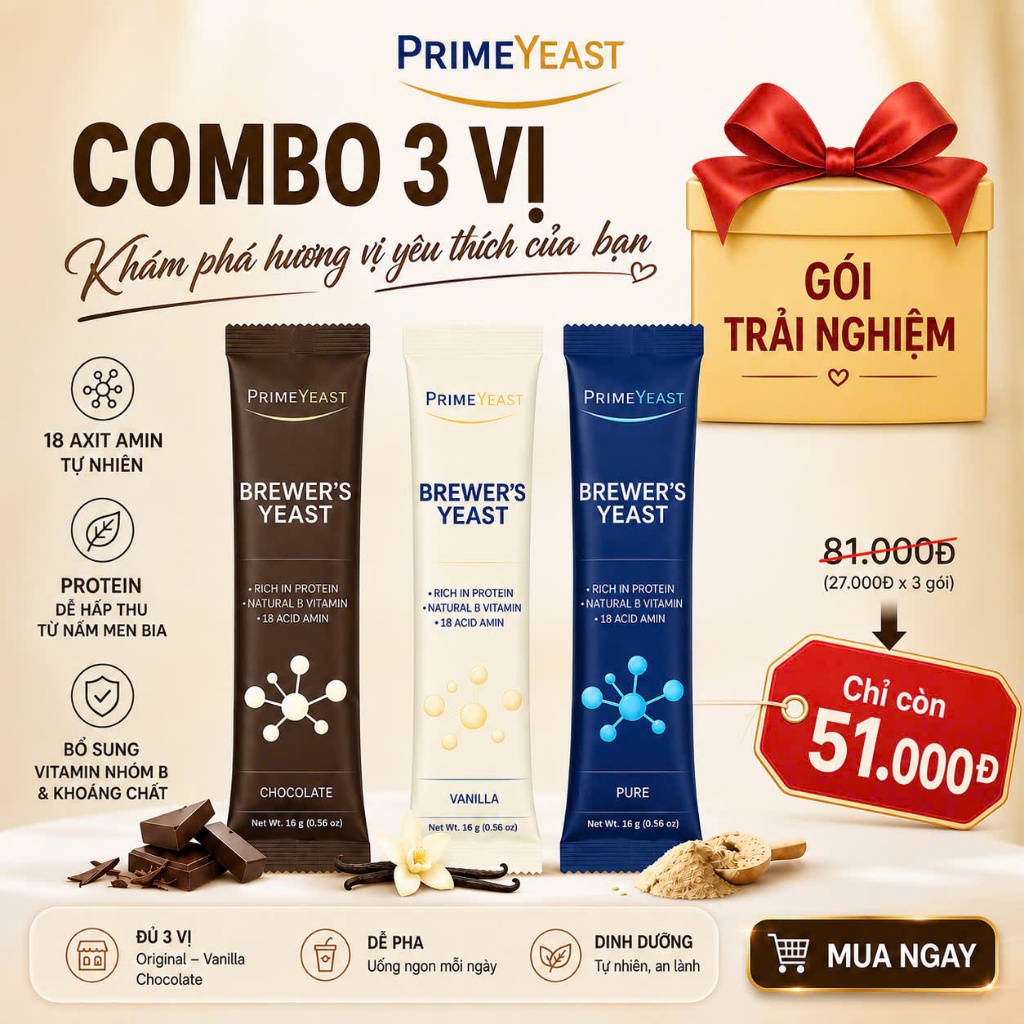 Combo 3 gói trải nghiệm 3 vị prime yeast tiện dụng giàu protein, chất xơ, kẽm, canxi, kali và vitami