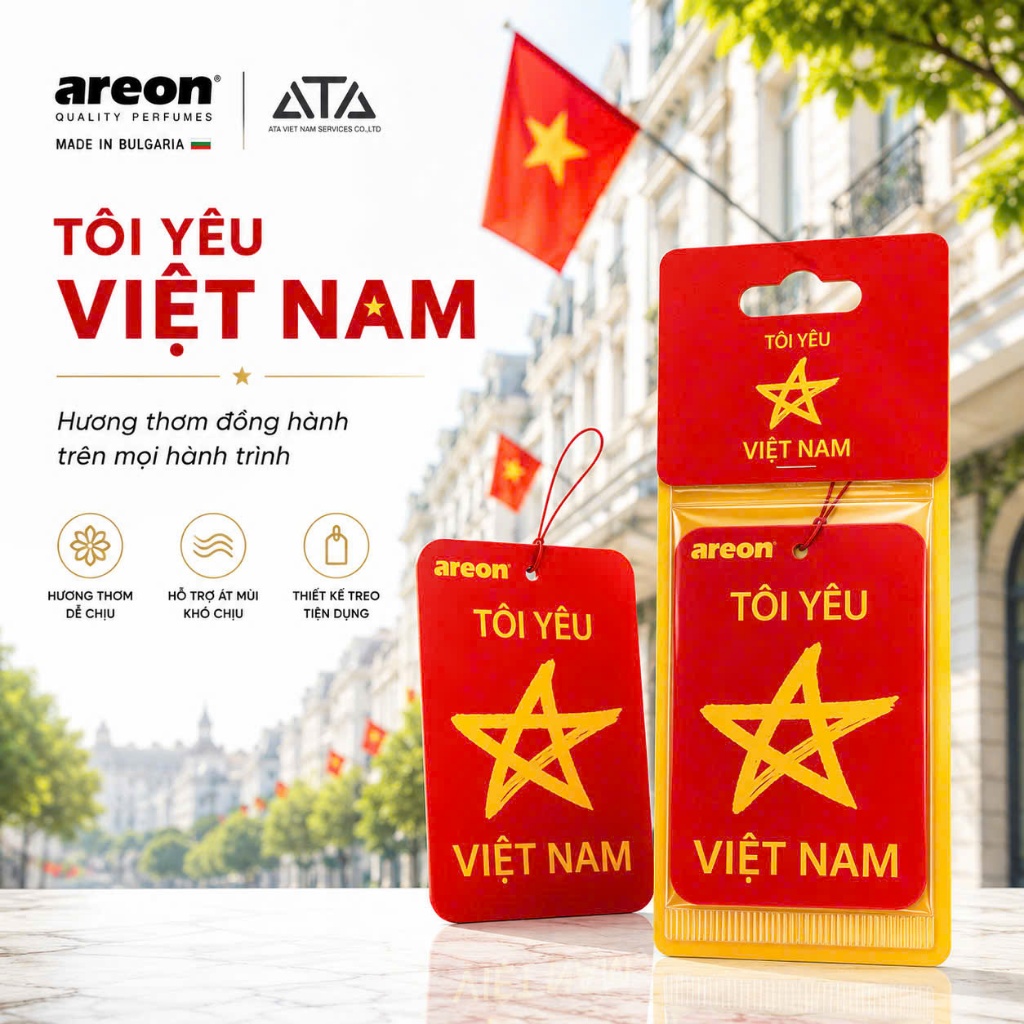LÁ THƠM AREON TÔI YÊU VIỆT NAM Treo Xe - Cao Cấp Chính Hãng, Khử Mùi Hiệu Quả