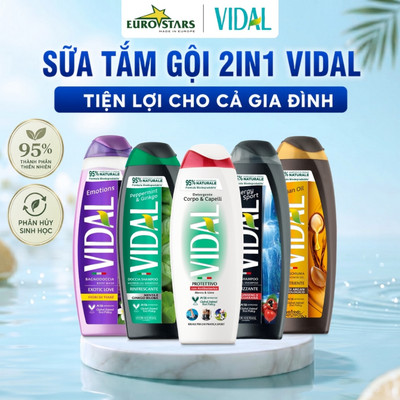 Sữa Tắm Gội Vidal 2in1 thành phần Tự Nhiên dành cho cả gia đình 250ml/500ml/Dây 12 gói 9ml - Nhập khẩu Chính hãng Ý