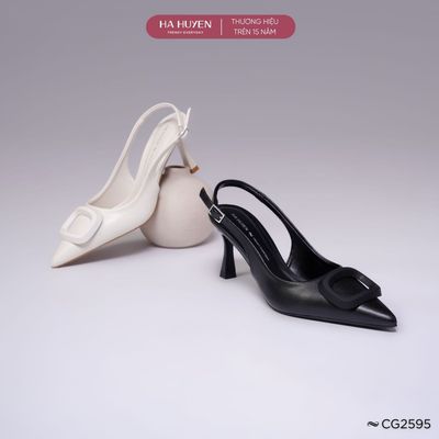 Giày cao gót nữ HÀ HUYỀN da lì mũi nhọn khóa O nhựa quai hậu gót nhọn 8cm - CG2595