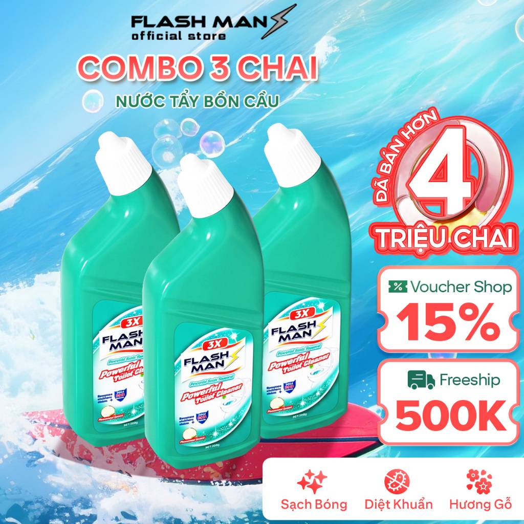 [COMBO 3 CHAI] Nước Tẩy Bồn Cầu Flashman 500g – Diệt Khuẩn 99.9% – Khử Mùi, Tẩy Sạch Vết Bẩn