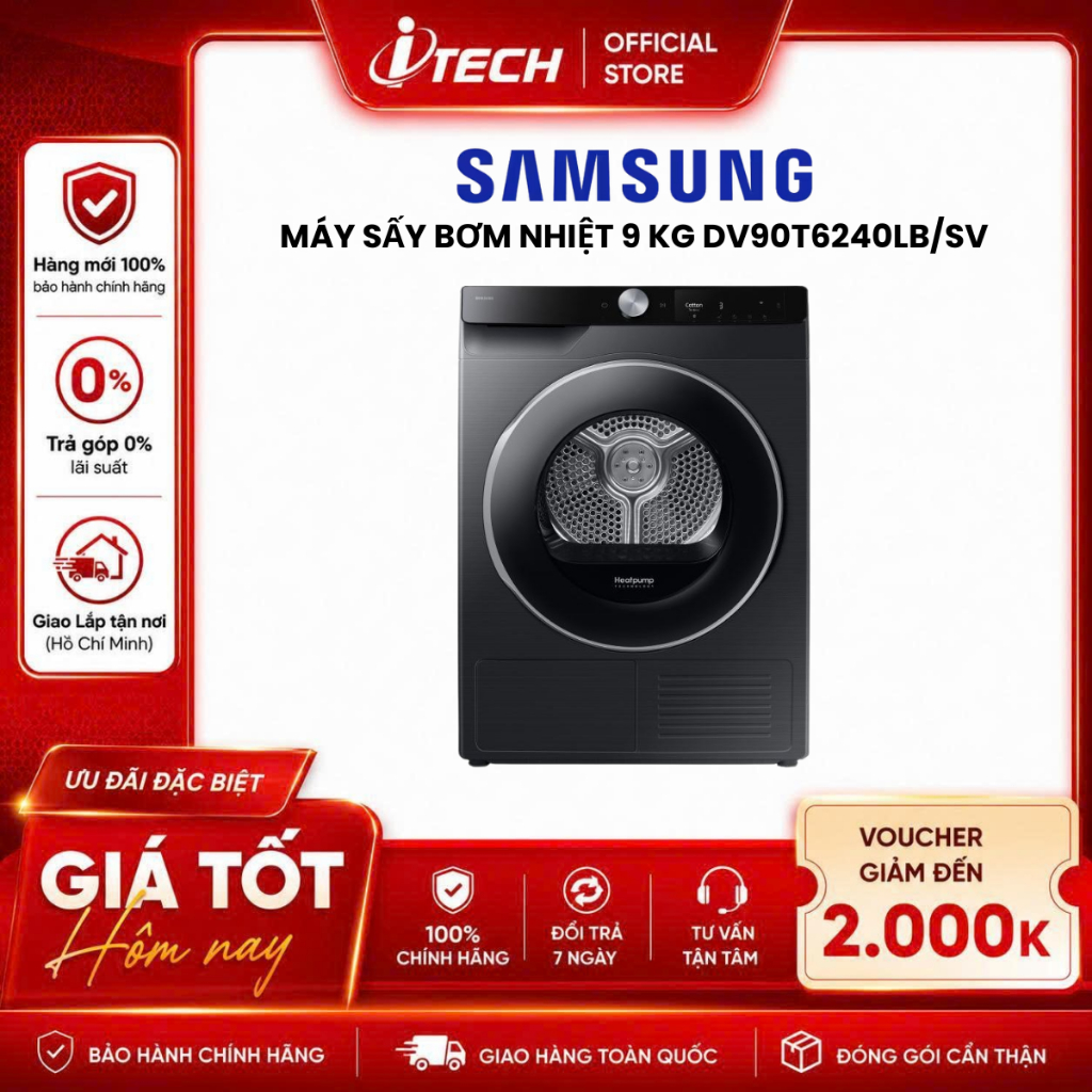 DV90T6240LB/SV - Máy sấy bơm nhiệt Samsung 9 kg DV90T6240LBSV - Hàng chính hãng