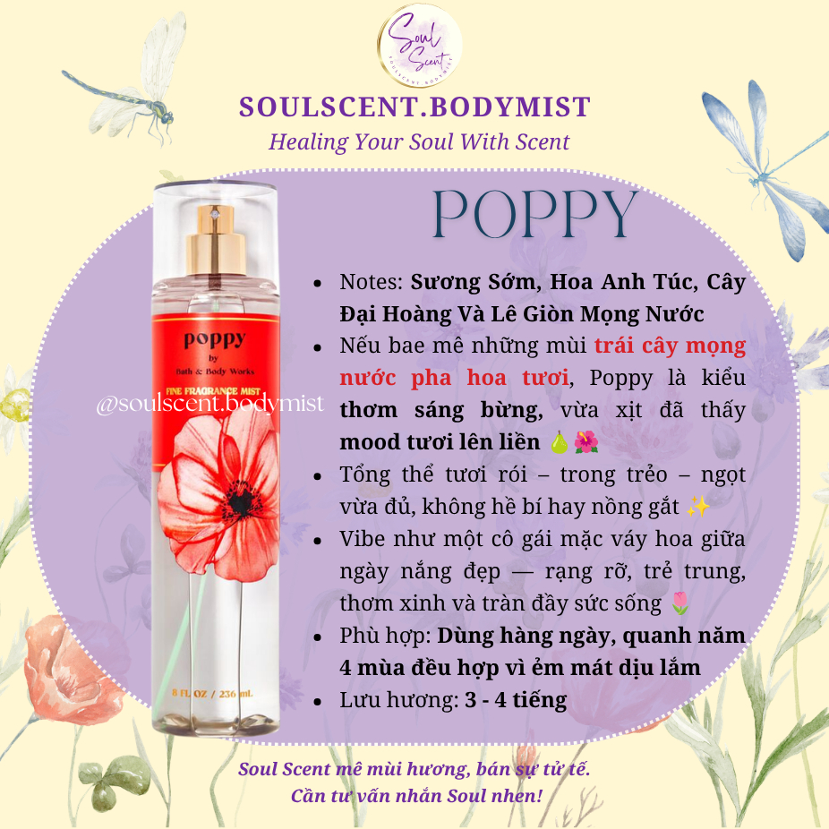 Body mist POPPY xịt thơm toàn thân Bath & Body Works (AUTH Mỹ) | Soul Scent