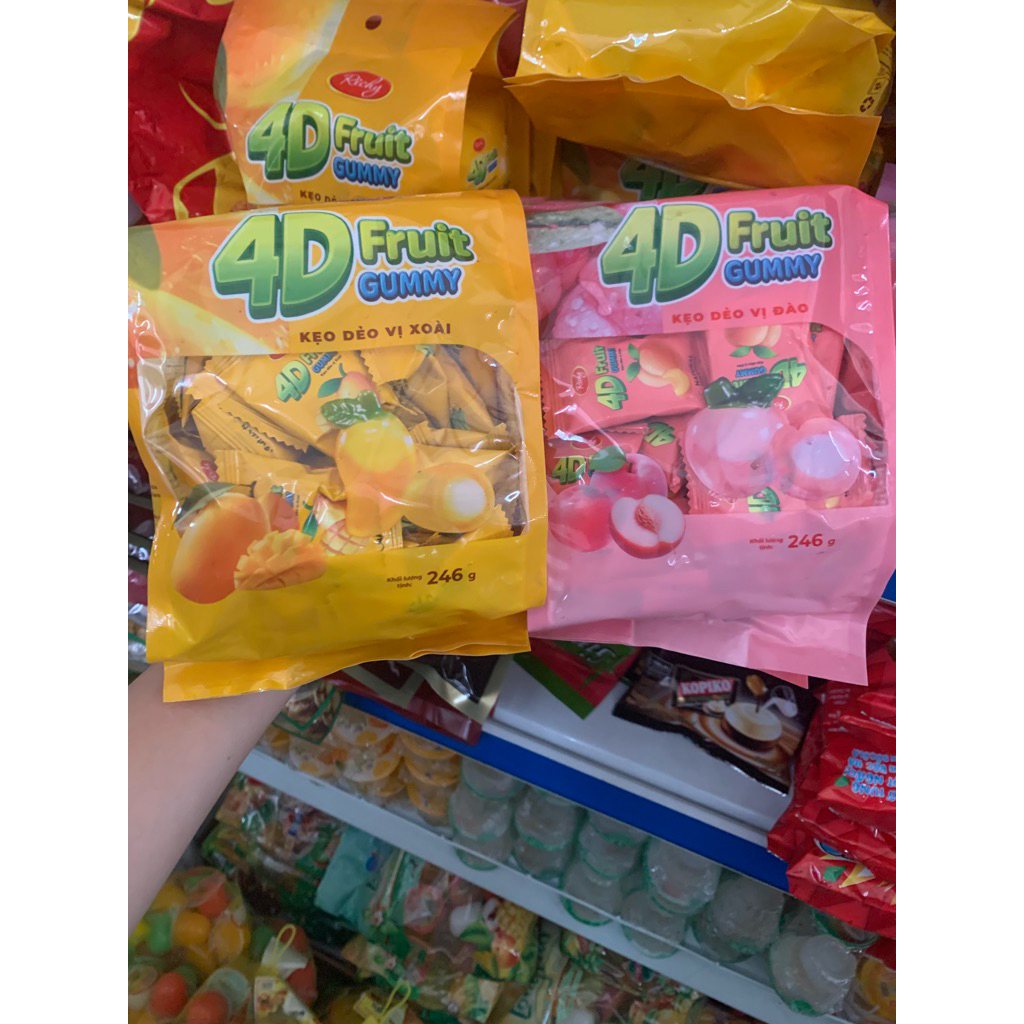 🍬 Kẹo Dẻo 4D Fruit Gummy Ricky – Kẹo Dẻo Trái Cây Hình 4D Vị Xoài & Đào Thơm Ngon 246g