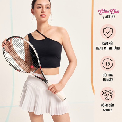 [GIRLS CLUB by ADORE] Set Áo crop top chéo vai đen - Chân váy xếp ly cạp chéo trắng