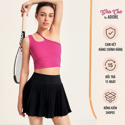 [GIRLS CLUB by ADORE] Set Áo crop top chéo vai hồng hyper pink - Chân váy xếp ly cạp chéo đen