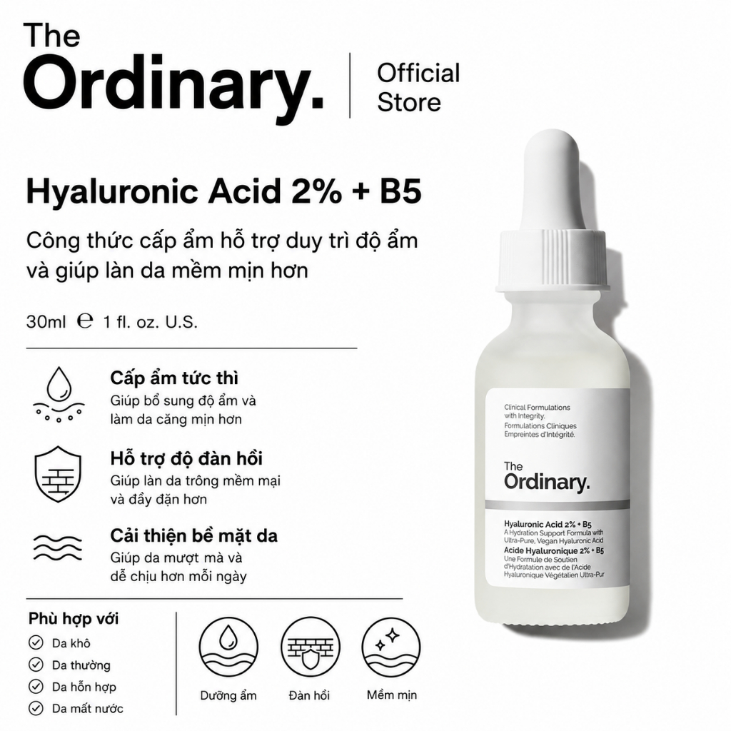 [The Ordinary Official] Hyaluronic Acid 2% + B5 30ML/60ML | Cấp ẩm sâu, làm dịu và phục hồi hàng rào