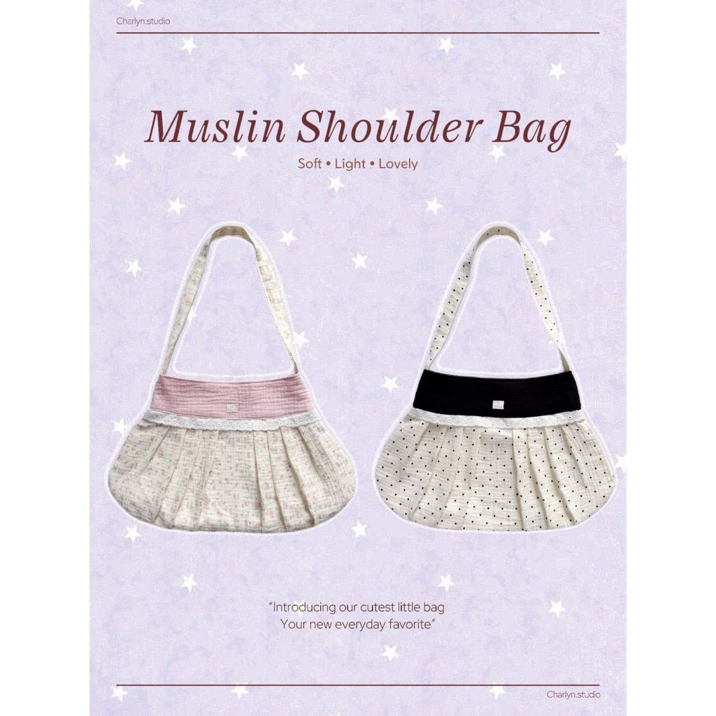 Túi đeo vai xếp ly vải xô muslin dễ thương | Muslin shoulder bag