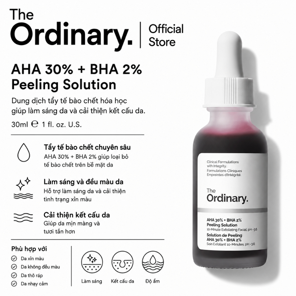 [The Ordinary Official] AHA 30% + BHA 2% Peeling Solution 30ML | Tẩy tế bào chết, làm sạch sâu, giảm