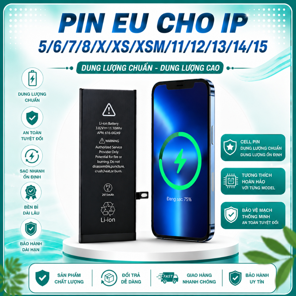 Pin EU Cho IP 5/5S/6/6S/6SP/7/8/X/XR/XS/XSM/11/12/13/14/15-Cell Mới, Dung Lượng Chuẩn,Pin Thay Thế