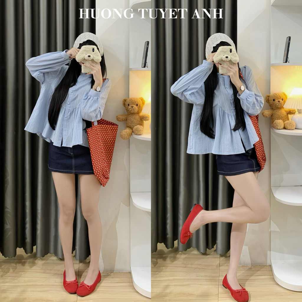 [ Hta.boutique ] Áo sơ mi babydoll bồng bềnh tay bồng cổ trụ tone xanh trời vải thô thêu