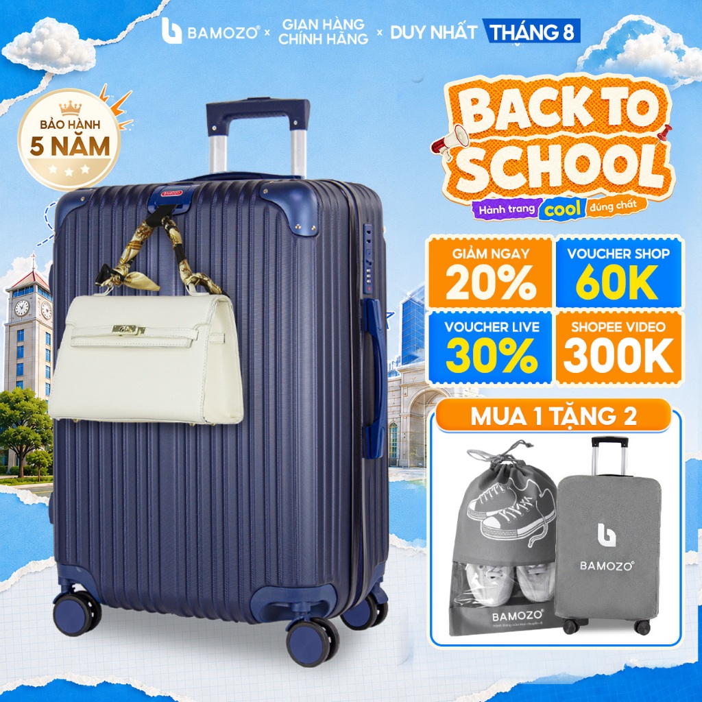 Vali Bamozo 8809 Size 20/24 Bo Góc Kim Loại, Chống Va Đập, Chất Liệu PC + ABS Chịu Lực 120kg, Bảo Hà