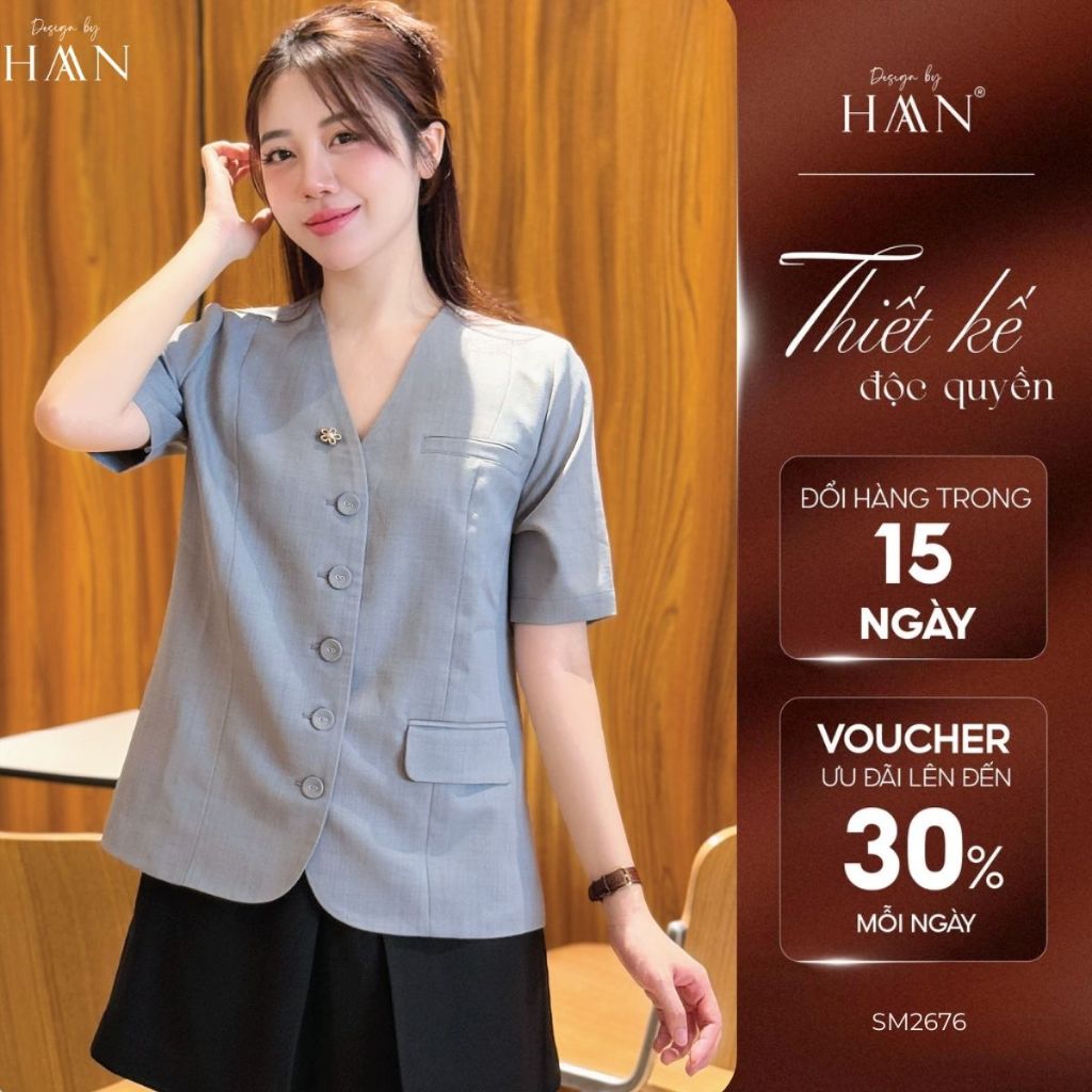 Áo Blazer Nữ Tay Ngắn Cổ Tim Cúc Bọc Chất Xước Ý Mềm Mát, Sơ Mi Nữ Công Sở HAAN Design SM209