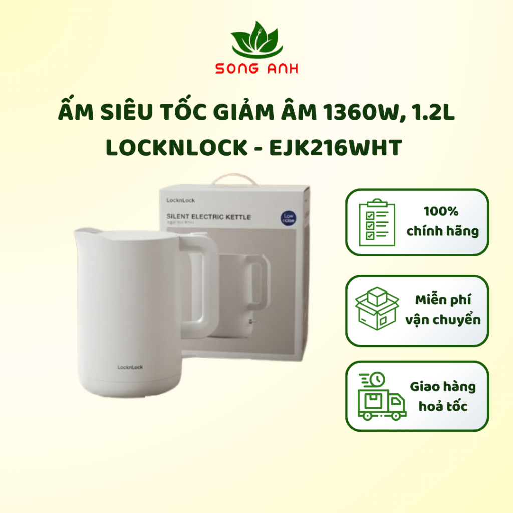 Ấm siêu tốc LocknLock Silent Electric Kettle 1.2L - ấm siêu tốc giảm âm EJK216WHT - 1360W