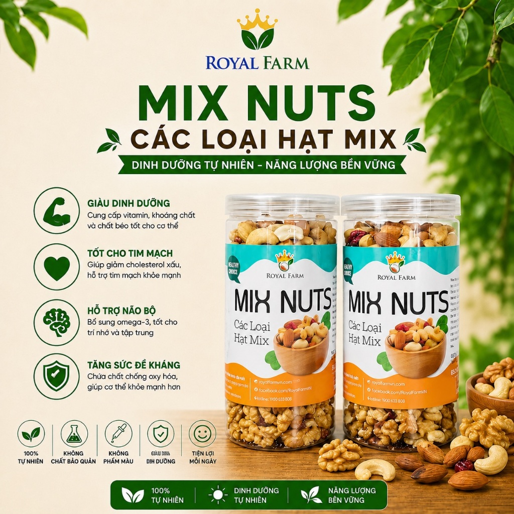 Hạt mix dinh dưỡng Royal Farm hũ mix nuts hạt macca óc chó hạnh nhân hạt điều healthy 500g