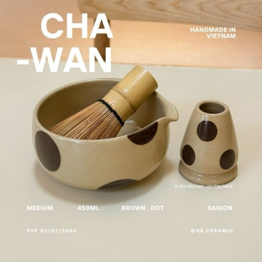 HÈ.CERAMIC/ Chawan gốm thủ công Made In Vietnam. Chawan gốm vẽ hoạ tiết chấm bi nâu.