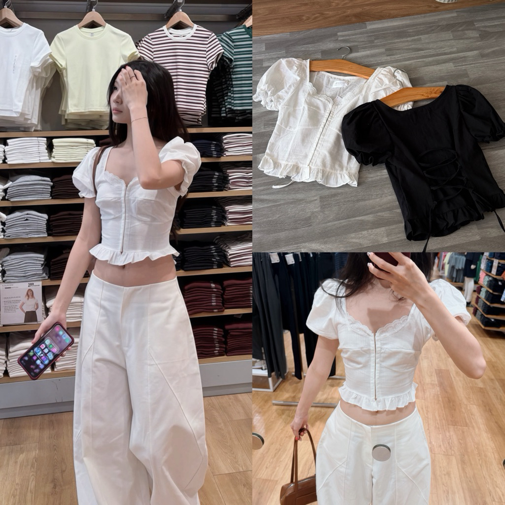 SESHU TOP - Áo Kiểu DEROSE Móc Gài Kim Loại Phía Trước Tay Phồng Nhún Chun Cổ Vạy Bầu Vải Linen Sợi Áo Kiểu Nữ Áo Nữ