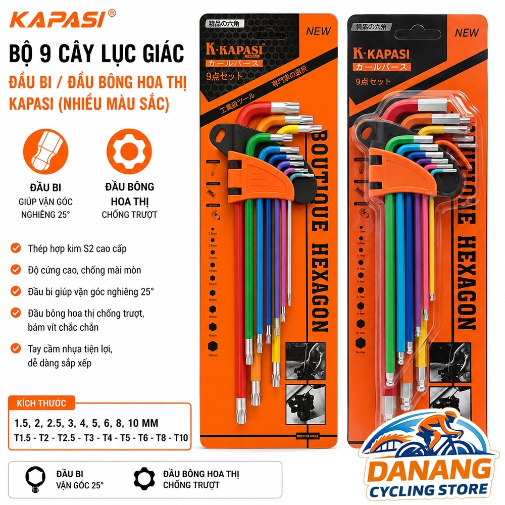 Bộ 9 Cây Lục Giác KAPASI – Đầu Bi & Đầu Bông Hoa Thị (Nhiều Màu Sắc) – Dụng Cụ Sửa Chữa Đa Năng