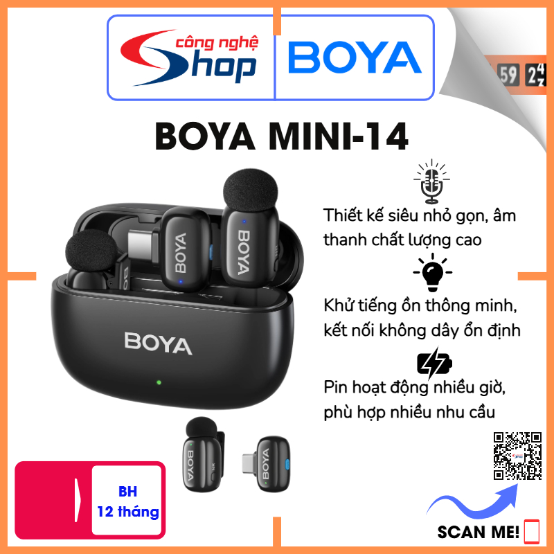 Micro thu âm không dây cài áo BOYA Mini-14 (2TX+1RX) - Micro nhỏ nhất thế giới