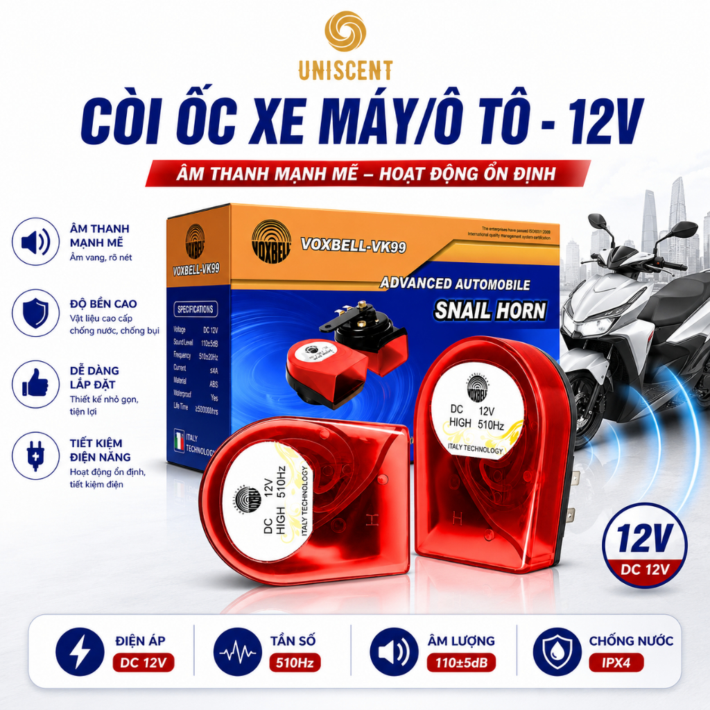 Kèn Ốc Ô Tô/ Còi Sên Ô Tô/Kèn Ốc Xe Máy/Kèn Xe Máy/ Còi Xe Điện/Còi Xe Đạp Điện-VOXBELL- 12V 110dB