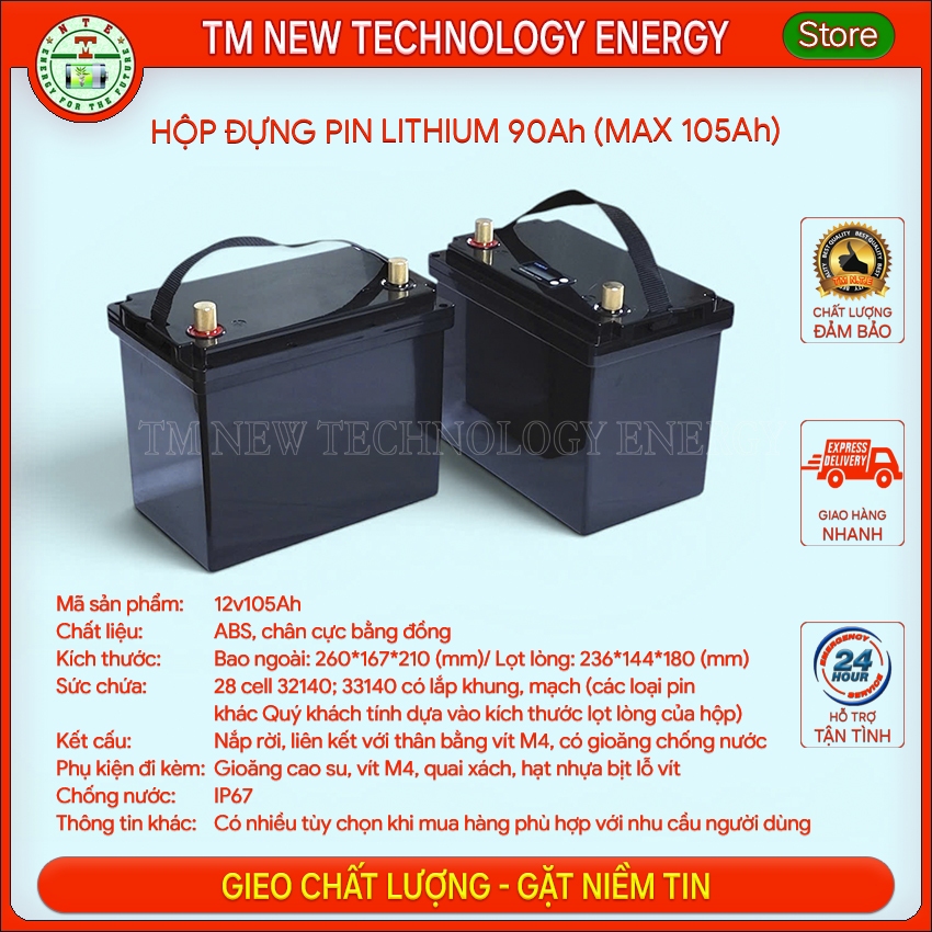 Vỏ nhựa, hộp nhựa đựng pin chống nước 12v 90Ah, tối đa 105Ah (chứa vừa 28 cell 32140; 33140;...)