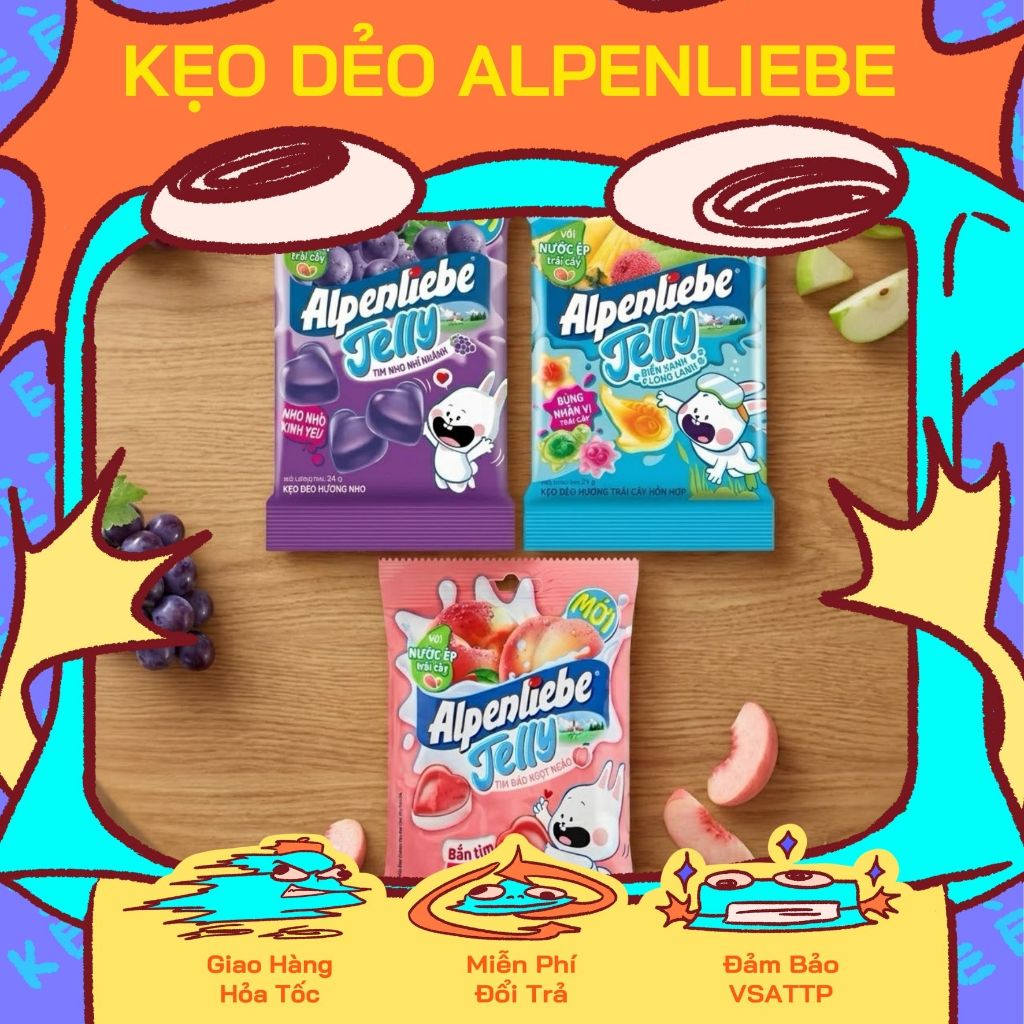 Combo 3 Kẹo Alpenliebe Jelly( gói 24g) ,vị biển xanh / tim đào / ong óng ánh, Kẹo dẻo trái cây alpen