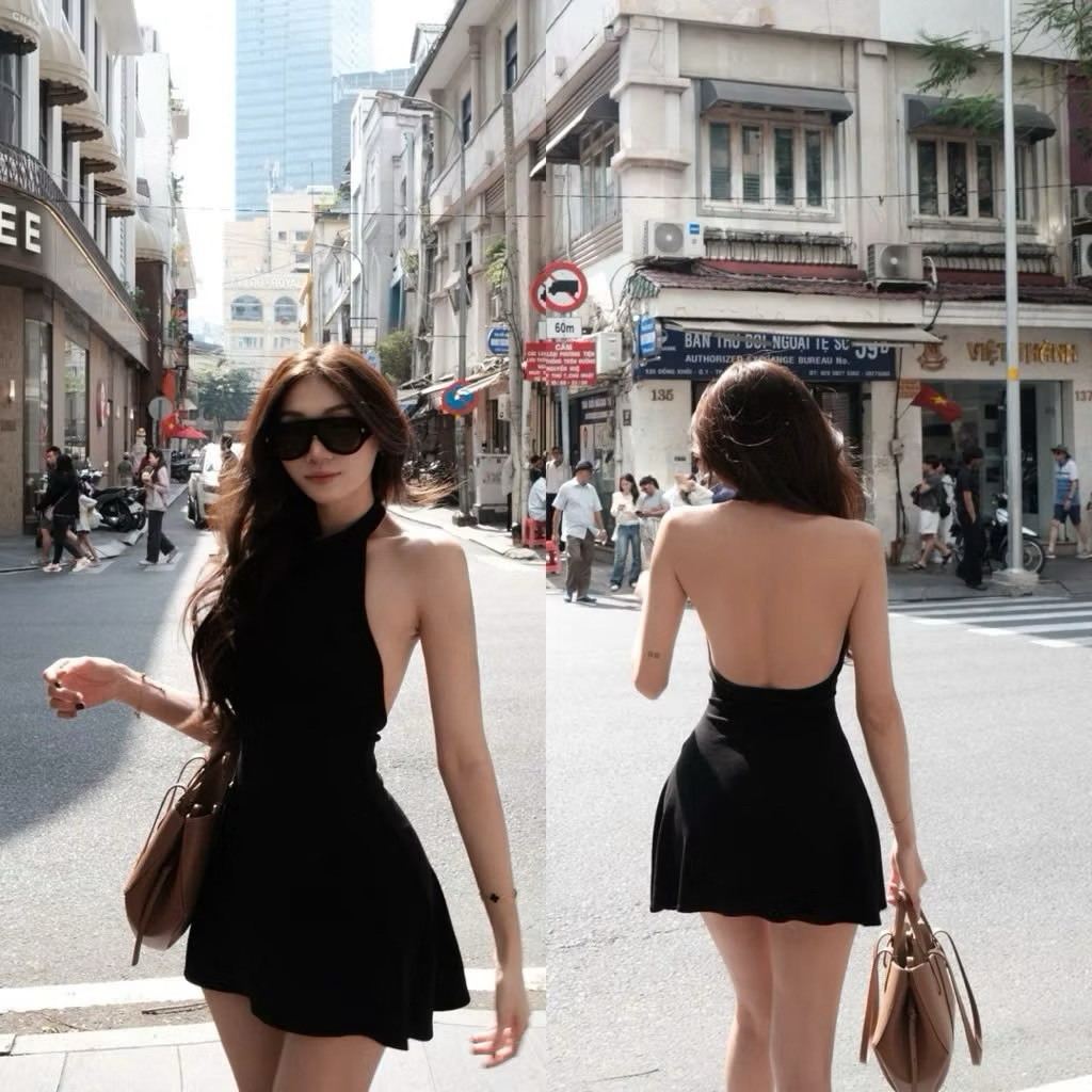 Váy Gabriella cổ yếm nâu hở lưng sexy đi chơi/ đi biển