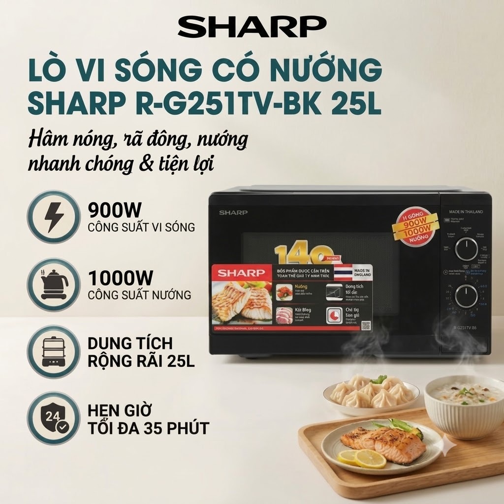 Lò Vi Sóng Có Nướng Sharp R-G251TV-BK, Dung Tích 25Lit - Công Suất 900W, Bảo Hành 1 Năm
