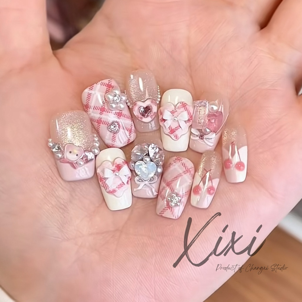 Nailbox thiết kế caro style Douyin tone hồng ngọt ngào đáng yêu