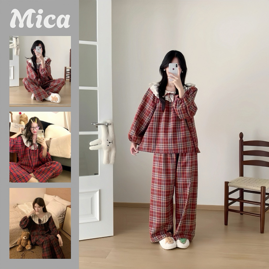 Bộ Đồ Ngủ Kẻ Sọc Đỏ Thắt Nơ Xinh Xắn Có Size 65kg Áo Tay Dài Quần Dài Nữ Women Mica.clothing T06DC