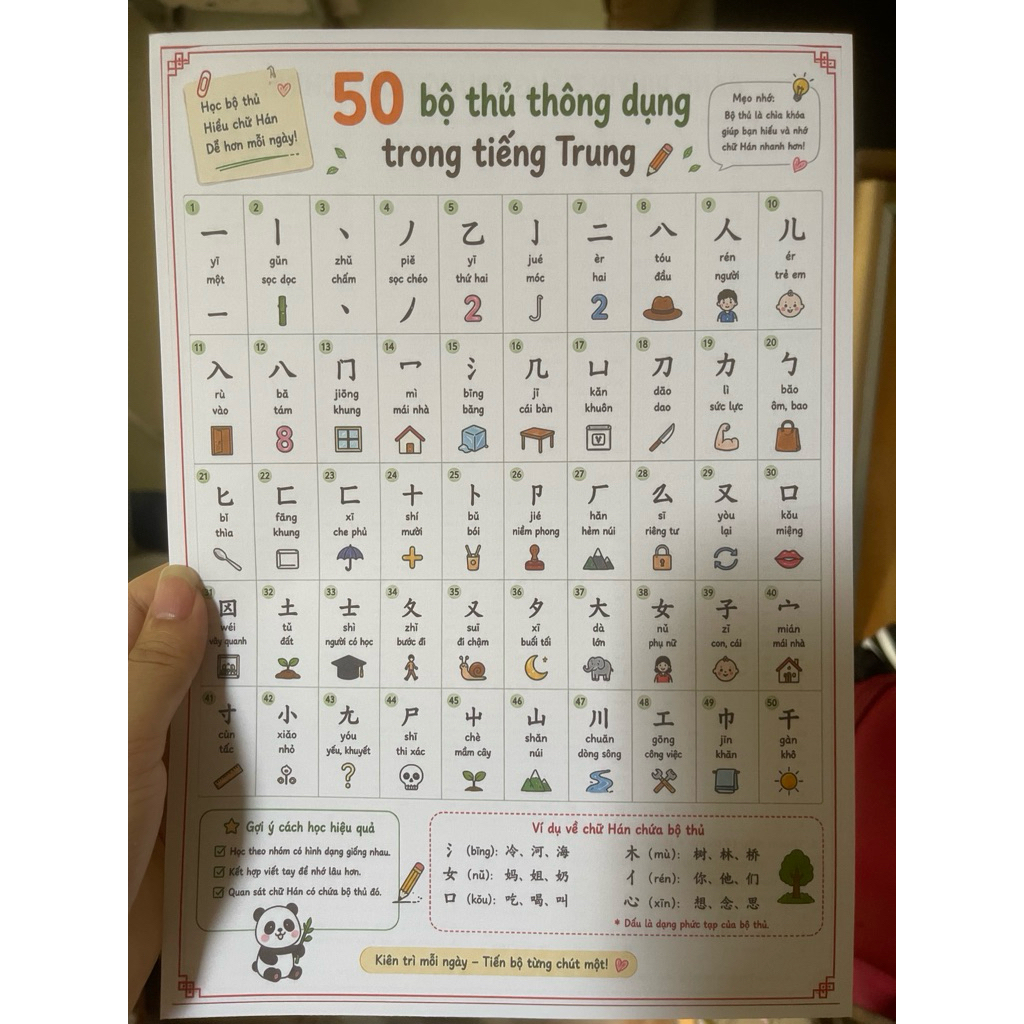 Bảng pinyn tiếng Trung hoàn chỉnh và 50 bộ thủ thông dụng khổ A4 ép plastic  giúp học tập và ghi nhớ