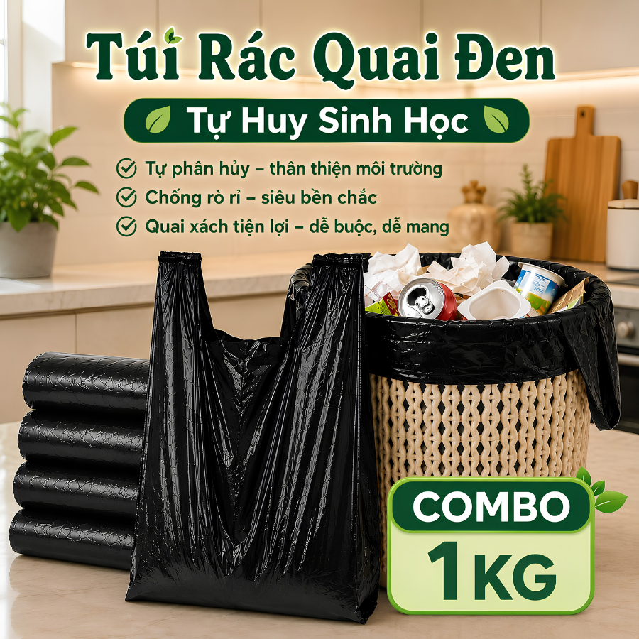 1KG Túi Đựng Rác Đen Có Quai Bảo Vệ Môi Trường