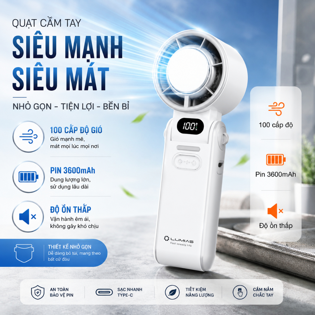 Quạt Cầm Tay Lumias F3600 Chính Hãng, Gió Mạnh, Làm Mát Tức Thì,  Shop Authentic