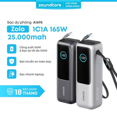 Sạc dự phòng ANKER Zolo 25000mAh |Công suất 165W |Tích hợp 2 cáp USB-C rút gọn |Có màn hình - A1695| BH 18 tháng