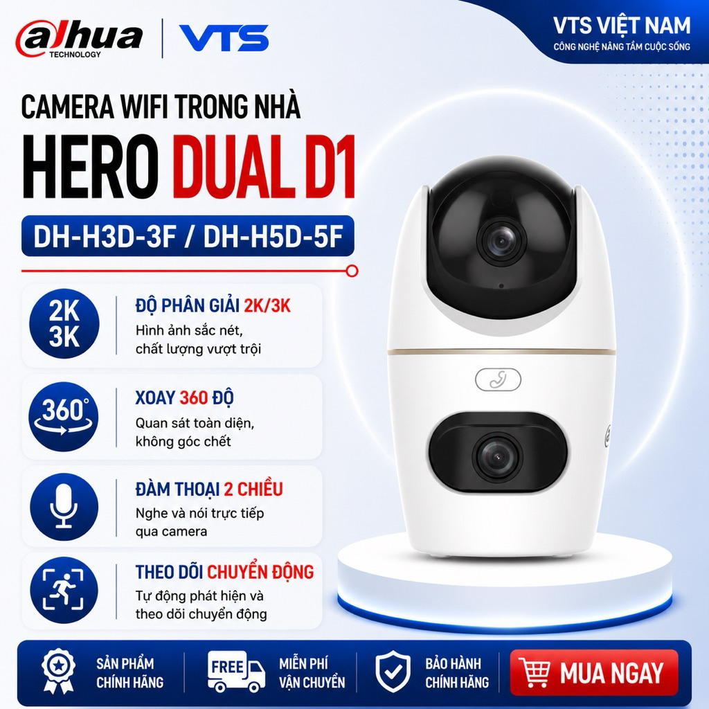 Camera Wifi DAHUA 2 Mắt Hero Dual D1 H3D-3F 6MP/H5D-5F 10MP Xoay 360, Đàm Thoại 2 Chiều, Theo Dõi