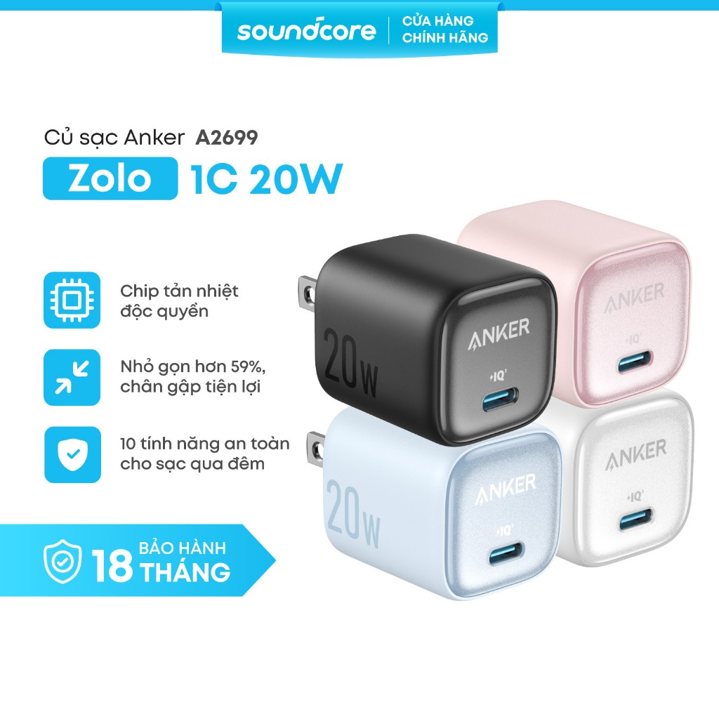 Củ sạc Anker Zolo 20W 1 cổng USB-C | Chân gập gấp gọn tiện lợi - A2699 | BH 18 tháng | BigBuy360 - bigbuy360.vn