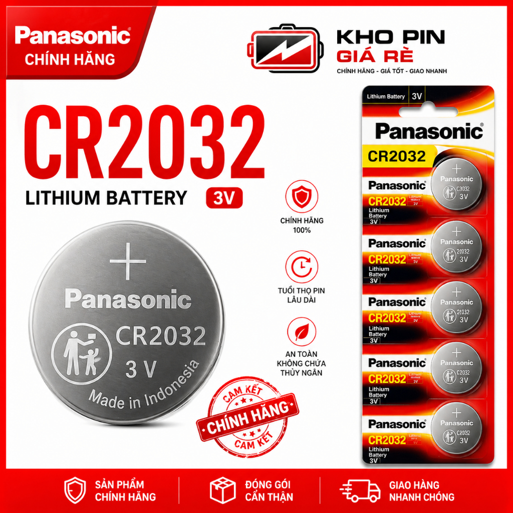 Vỉ 5 Viên Pin Panasoni CR2032 / CR2025 / CR2016 3V Lithium – Giá Rẻ - Siêu Bền cho Smartkey, Smos..