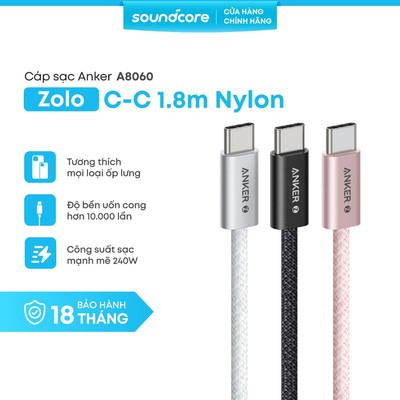 Cáp sạc nhanh Anker Zolo USB-C sang USB-C| Công suất 240W | Chip E-Marker thông minh | Dài 1.8m - A8060 |BH 18 tháng