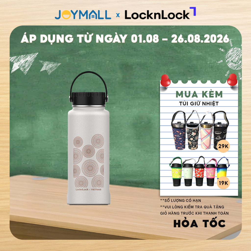 Bình giữ nhiệt LocknLock 897ml Riga Nón Lá LHC4160BEG, Hàng chính hãng, lưới lọc trà inox -JoyMall