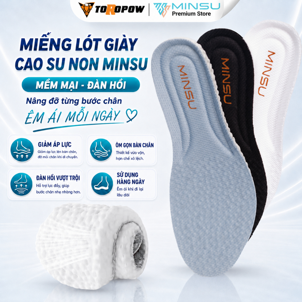 Lót Giày Thể Thao Cao Su Non Nam Nữ Chính Hãng MINSU M2355, Khử Mùi, Thoáng Khí, Ngăn Vi Khuẩn