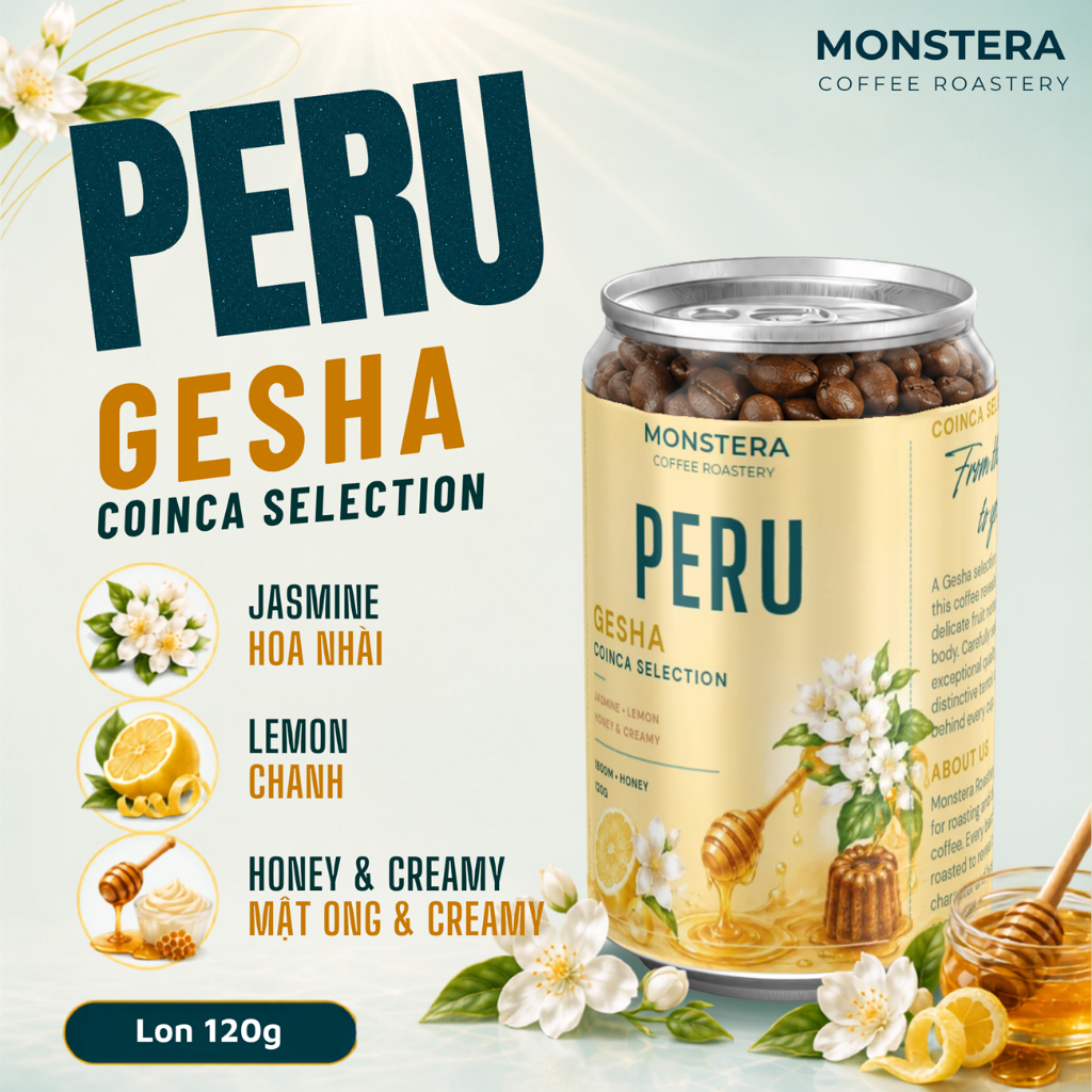 Peru Gesha - Coinca Selection - Nguyên hạt - Specialty Coffee - Monstera Roastery - Lon 120g