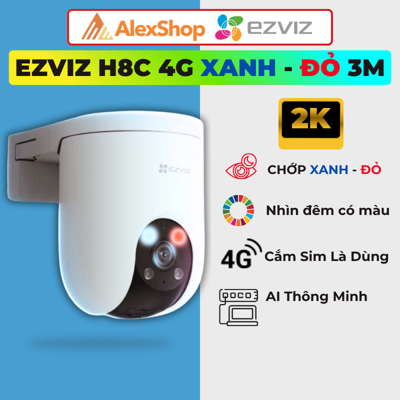 [2026] Camera Ezviz H8C 4G Đèn Báo Xanh Đỏ độ phân giải 3MP/5MP, có màu ban đêm, xoay 360 Chính hãng