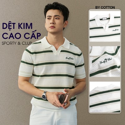 [ NEW ARRIVAL ] Áo Polo Dệt Kim Mesh Sọc Ngang Thân Xanh Lá Thêu "Sporty&Club" - BY COTTON