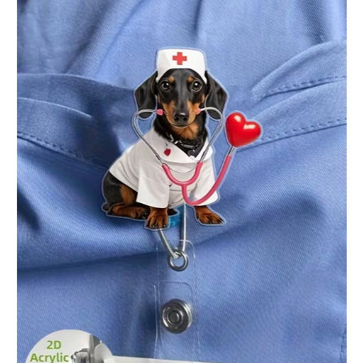 2D Flat Acrylic, 1pc, Dachshund Nurse ID Holder - Retractable Badge Reel, Durable Tags, Suitable for