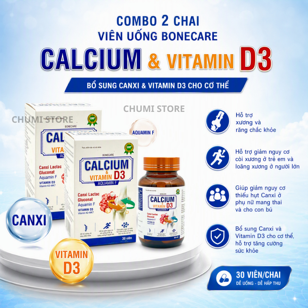 [Combo 2 Chai] Viên Uống Bổ Sung Canxi D3 Bonecare Calcium Vitamin & D3 Aquamin F Chai 30 Viên