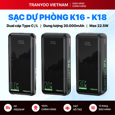 Pin Sạc Dự Phòng TRANYOO T-K16 / K17 / K18 30000mAh Sạc Nhanh 22.5W Tích Hợp 2 Cáp Type C, L